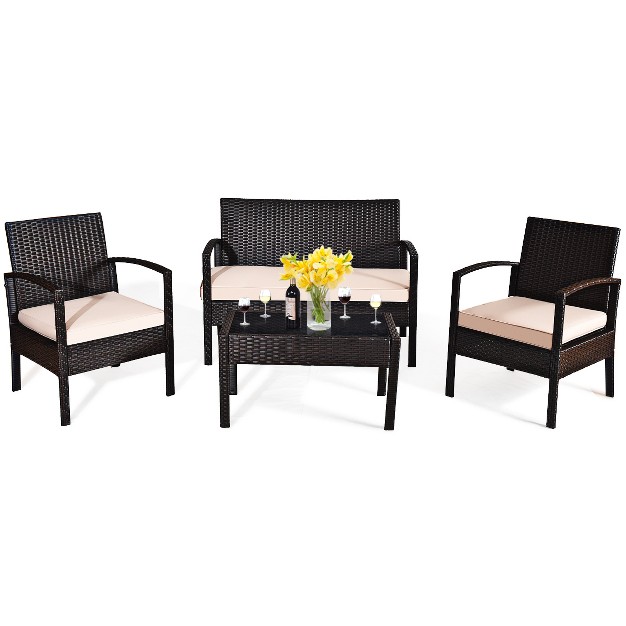 Tangkula 4pcs Conversation Wicker Set Patio Rattan Table amp cushioned Chair