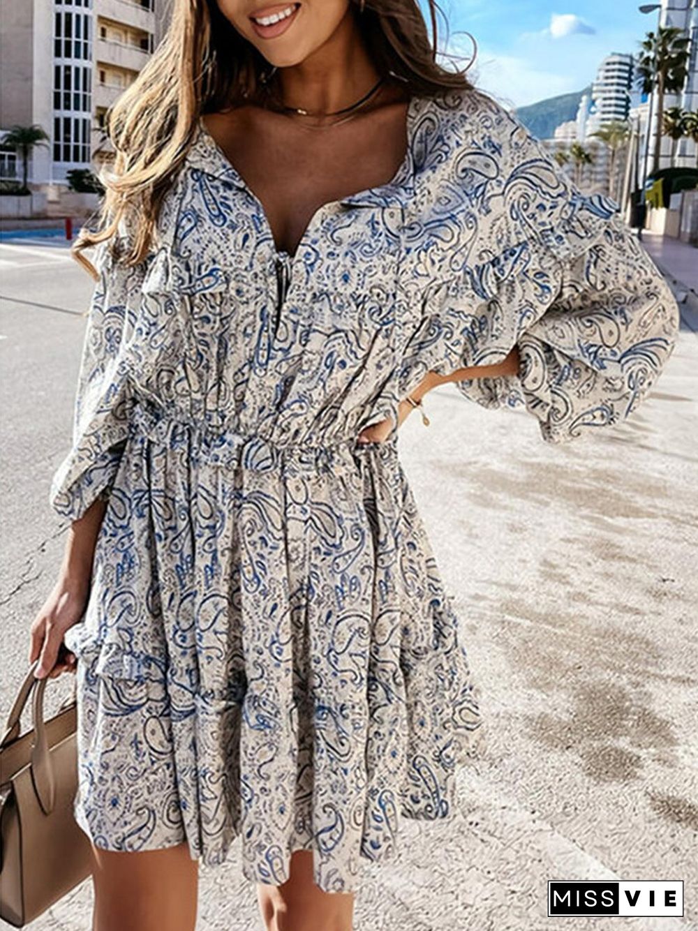 Pleated Lantern Long Sleeve Printed Dress P14057