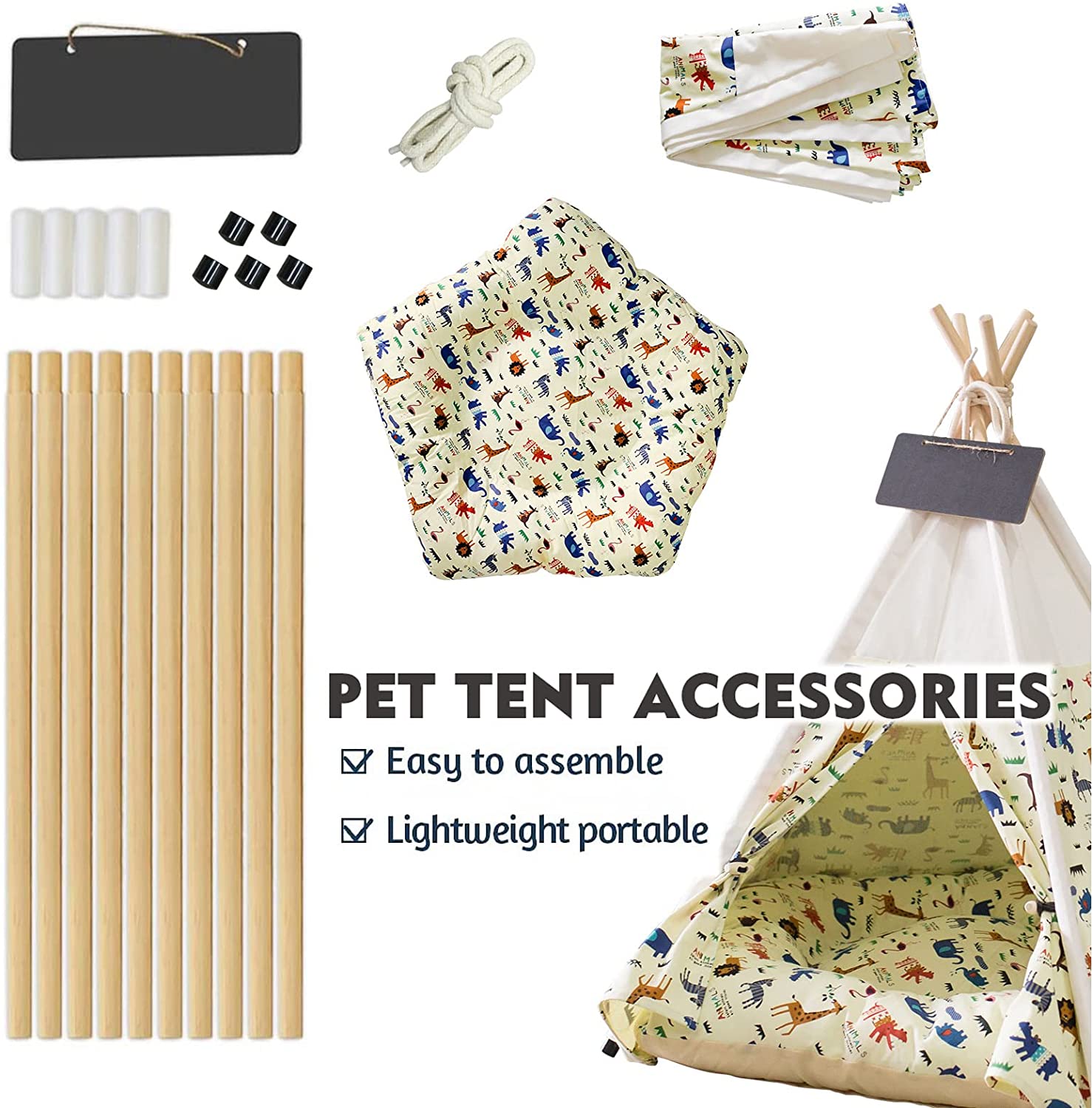 Pet Teepee Tent for Dogs and Cats with Thick Cushion ， 24 Inch Portable Indoor Dog House Dogs/Puppy Pet Houses with Bed，Cat Teepee Tent Washable，Tents Pet Houses Bed Easy to Assemble (Animal)