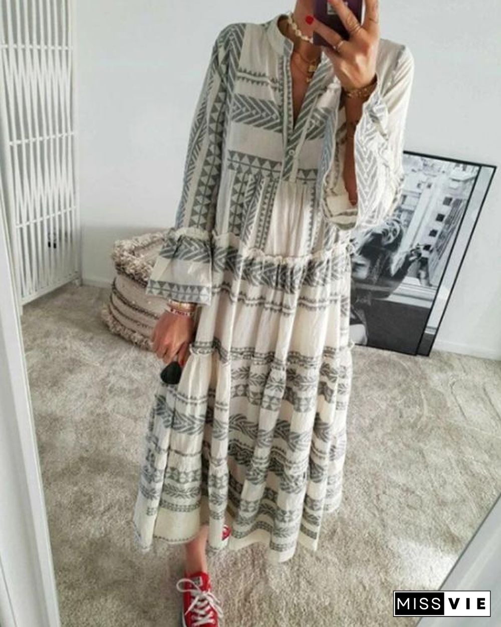 Vintage Boho Print Dress Flare Sleeve Ruffled Hem Maxi Dress