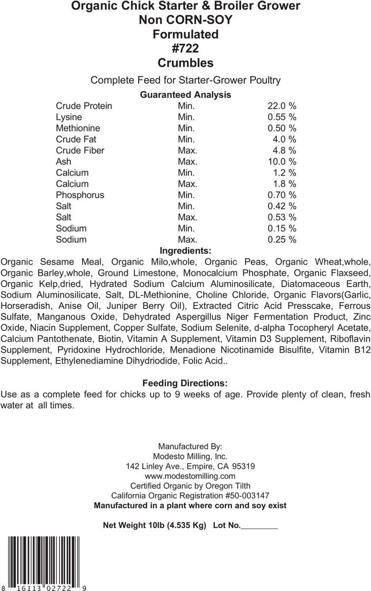 Modesto Milling Organic Non Soy and Non Corn Chick Starter-Grower Chicken Food， 10-lb bag