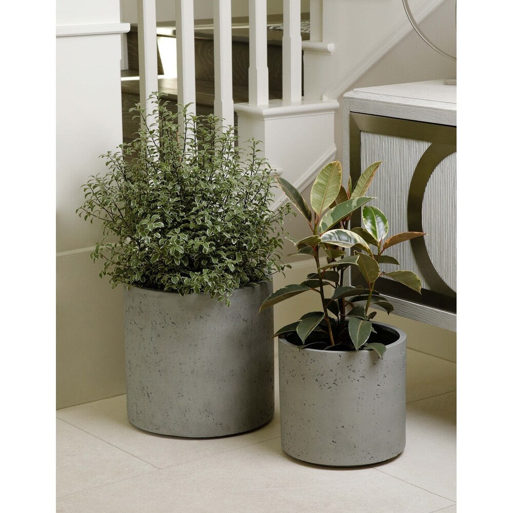 Indoor/Outdoor Large Nordic Minimalist Fiberstone Lightweight Round Cylinder Planter Pot  19 15 12inch Cement Finish