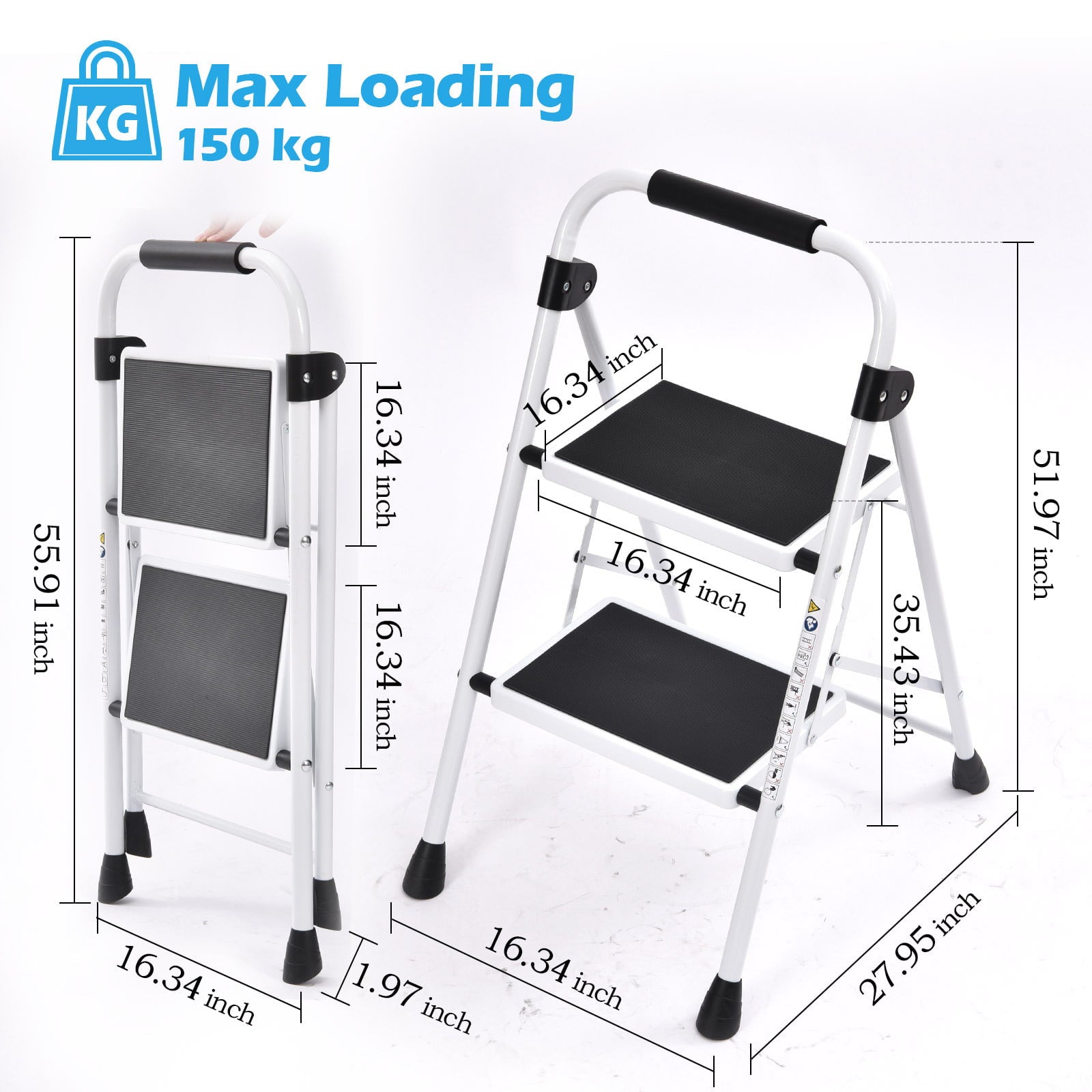 Kingrack 2 Step Stool, Folding Step Ladder, Non-slip feet, for Home, Garden, Office Weight Capacity up 330lb (White)