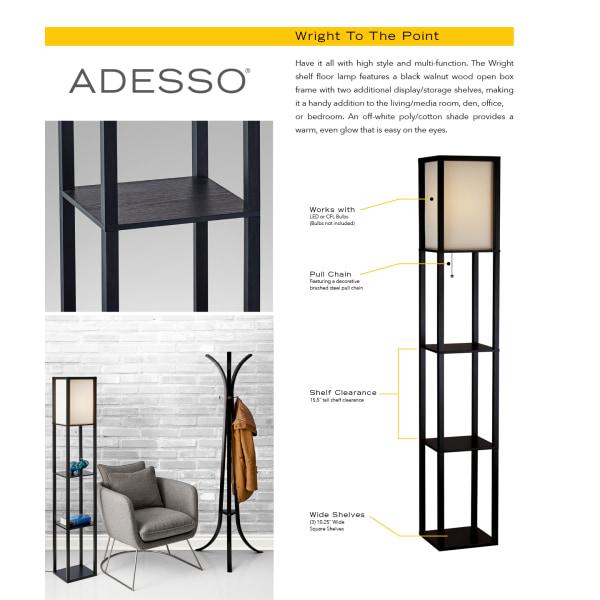 Adesso Wright Shelf Floor Lamp， Black Wood Veneer on MDF