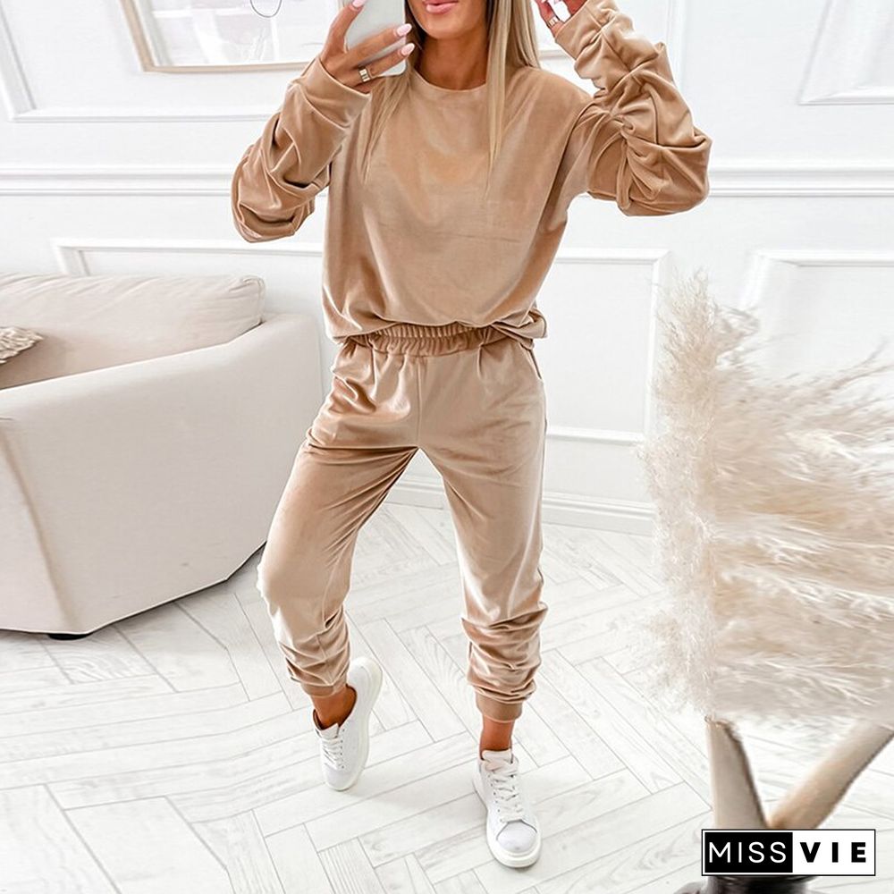 Women Casual Long Sleeve Tracksuits Outfits Elegant O-neck Pullover Sweatshirts & Sport Pant Sets Fashion Loose Solid 2Pc Suits