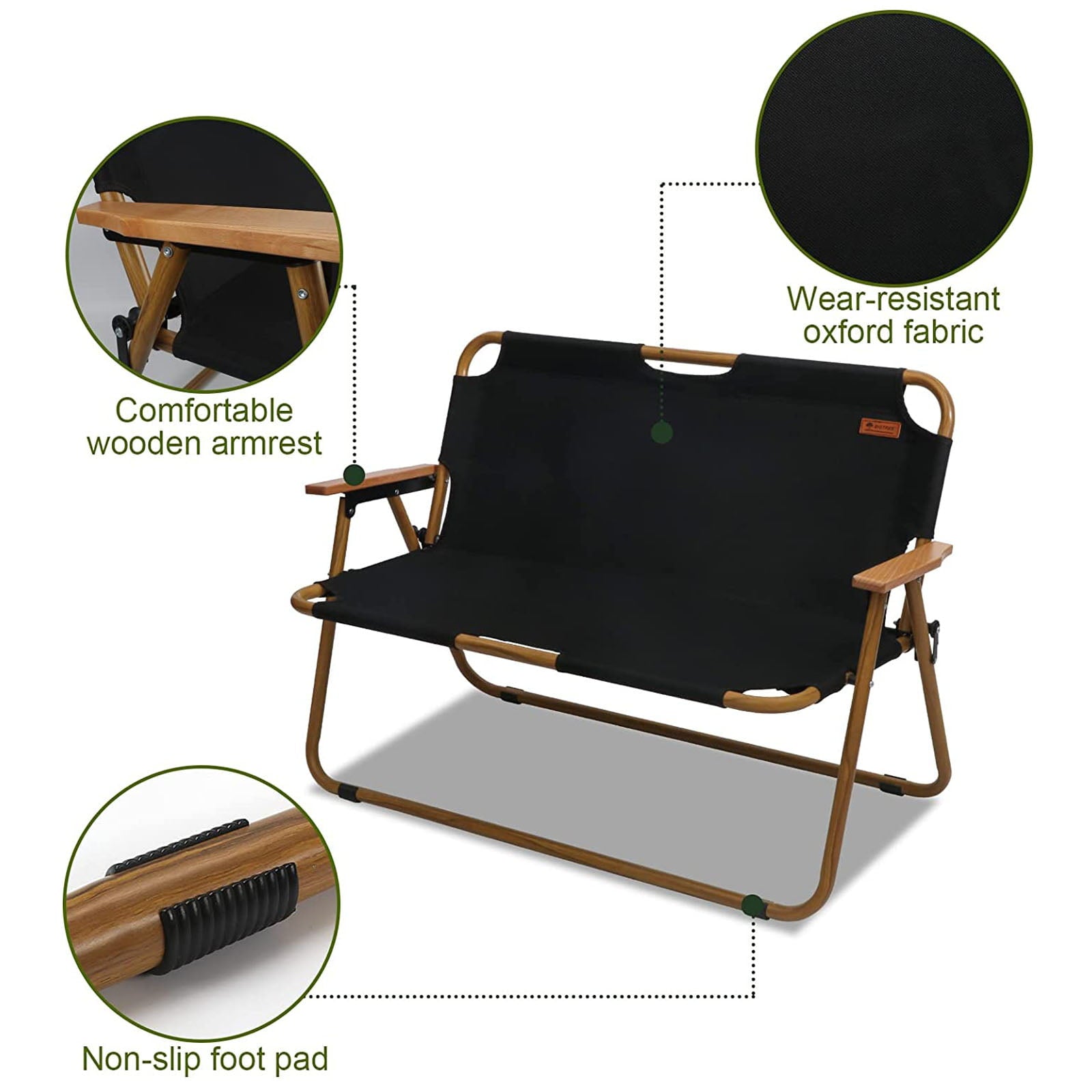 BIGTREE 2-Person Outdoor Folding Chairs Portable Loveseat for Patio Lawn Camping Picnic BBQ Beach, Black