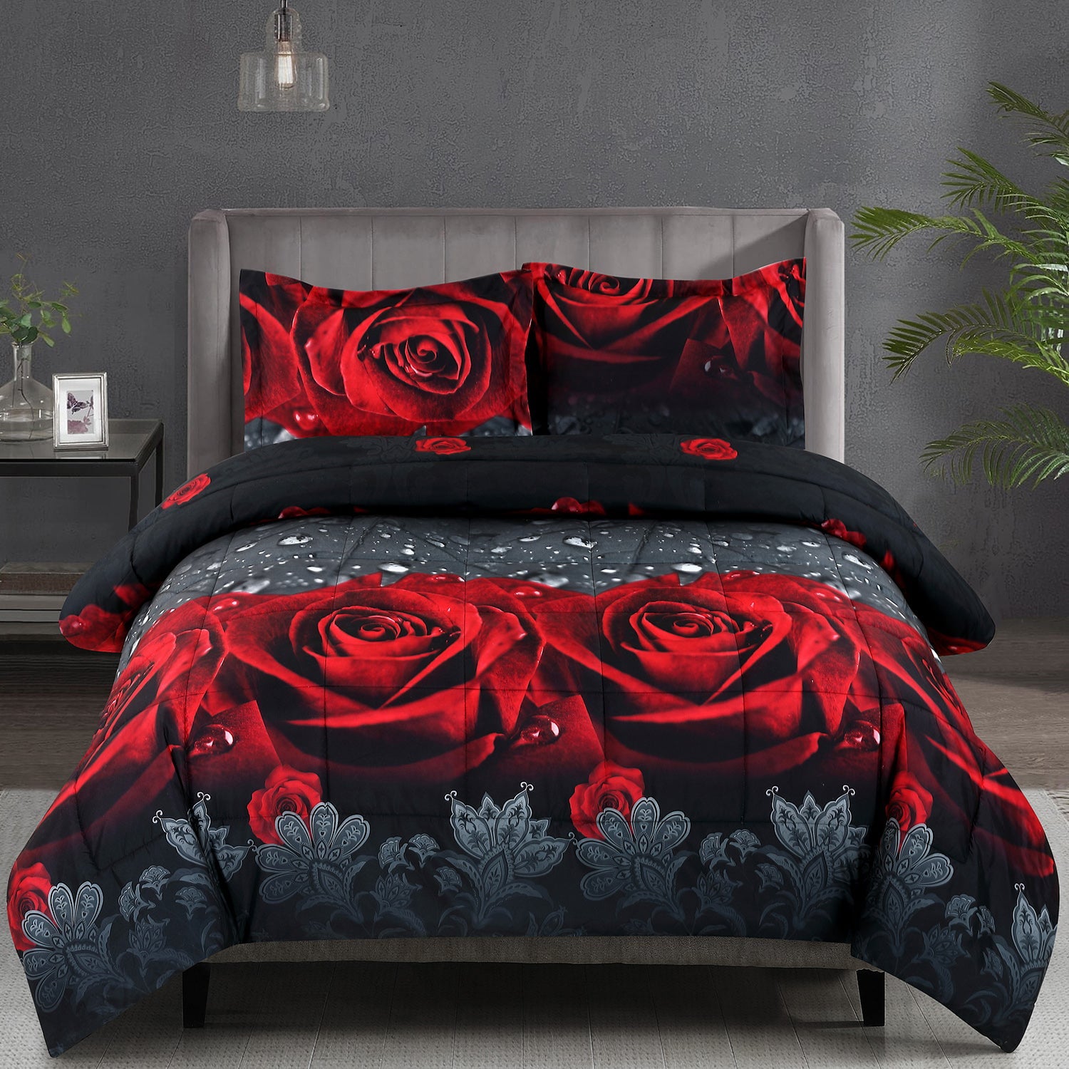 BednLinens 3 Piece 3D Rose Love Romantic Moment Print Comforter Set Queen Size (Y28)