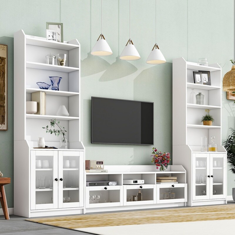 Chic Elegant Entertainment Wall Unit with Tall Cabinets  Modern TV Console Multifunctional TV Stand Set with Acrylic Board Door