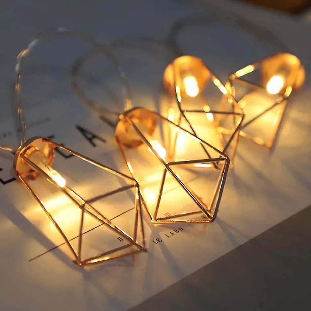 10 Led 2m Diamond String Lights Battery Operated， Geometric Fairy Lights Warm White， Rose Gold Metal Lamps Decor For Indoor Wedding Party Bedroom Chri