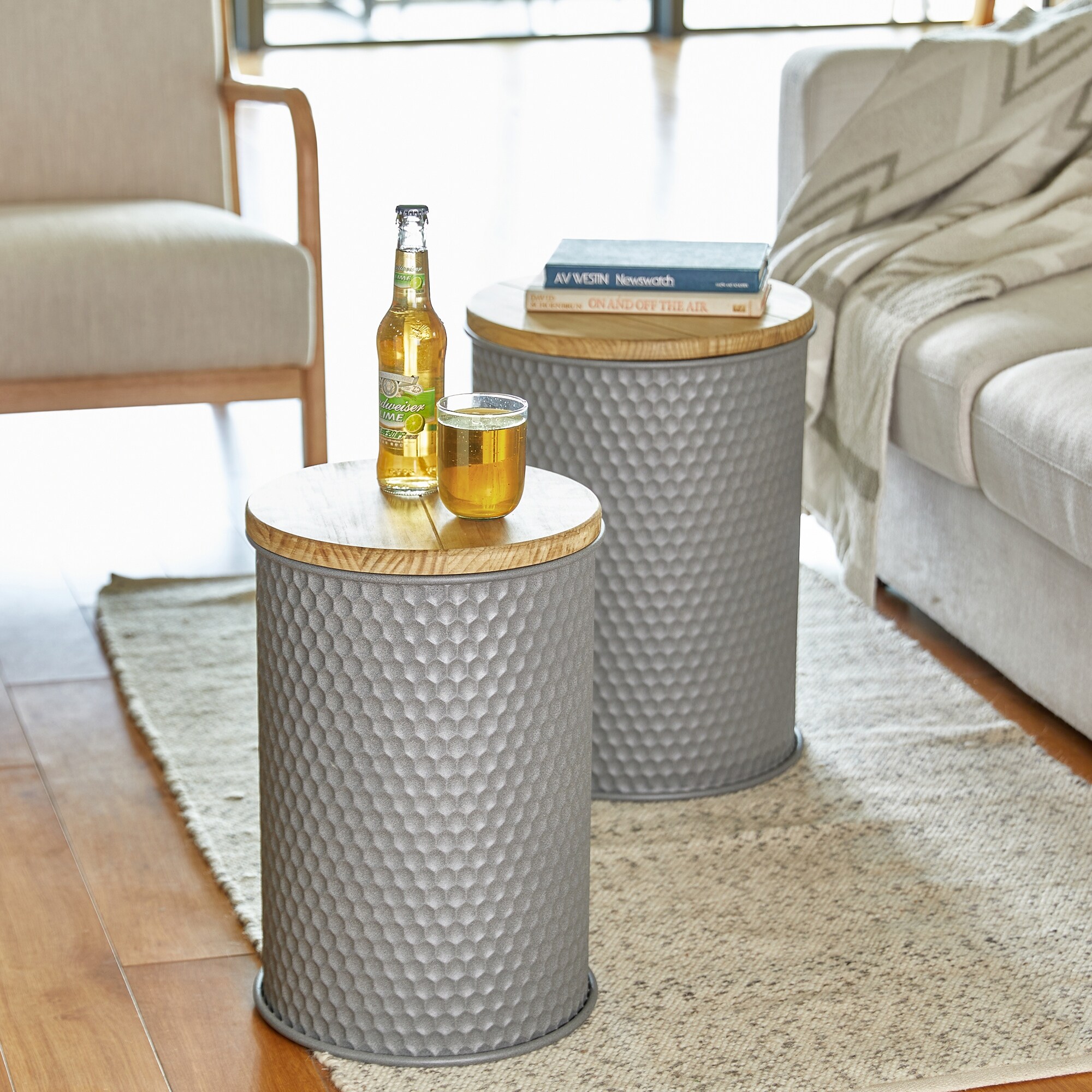 Glitzhome Set of 2 Modern Gray Honeycomb Nesting Side End Table Storage Stool