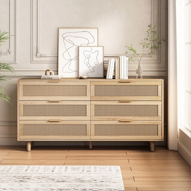 6 Drawer Dresser  Modern Rattan Dresser Chest with Wide Drawers  Farmhouse Storage Chest of Drawers for Bedroom  Living Room