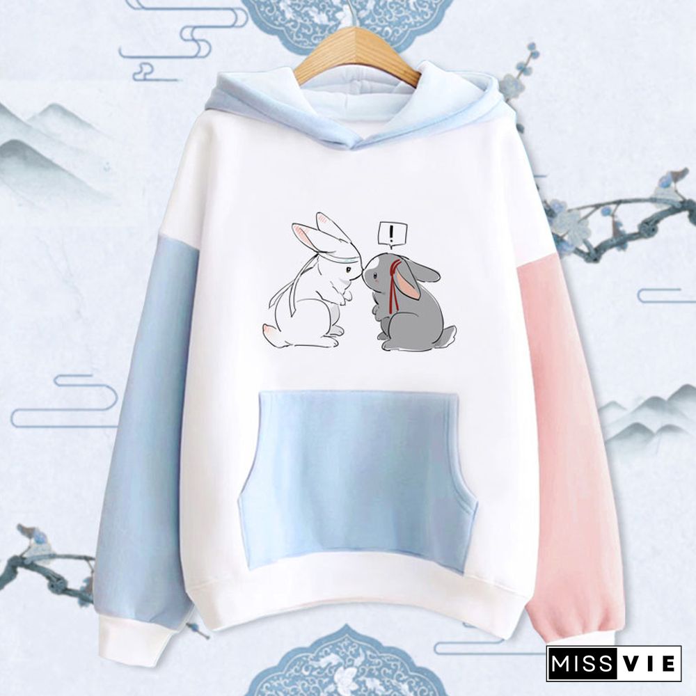 Cute Rabbit Print Pocket Hoodie