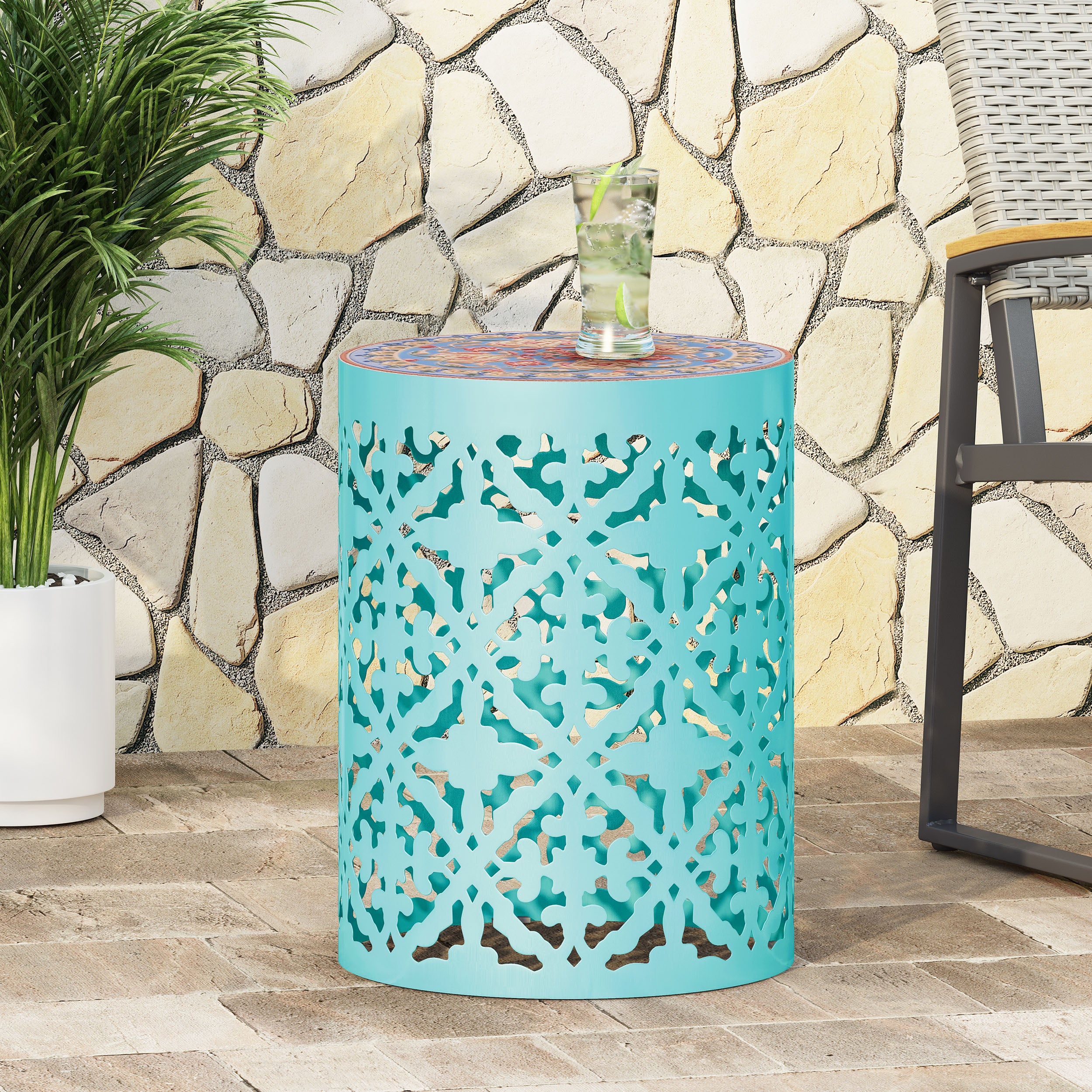 Kenzi Outdoor Lace Cut Side Table with Tile Top