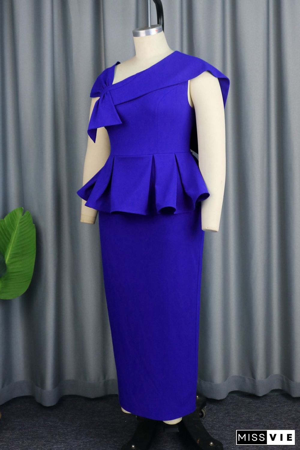 Blue Casual Solid Patchwork Oblique Collar One Step Skirt Dresses