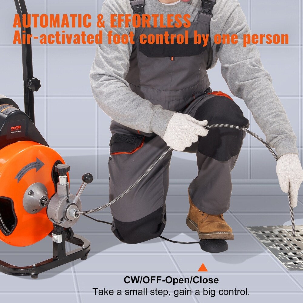 VEVOR 1800rpm Drain Cleaning Machine Sewer Auger Auto Feed with 4 Cutter Air activated Foot Switch for 1\