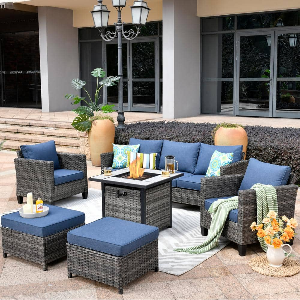 XIZZI Megon Holly 6-Piece Wicker Outdoor Patio Fire Pit Seating Sofa Set with Denim Blue Cushions FPGRS306DB