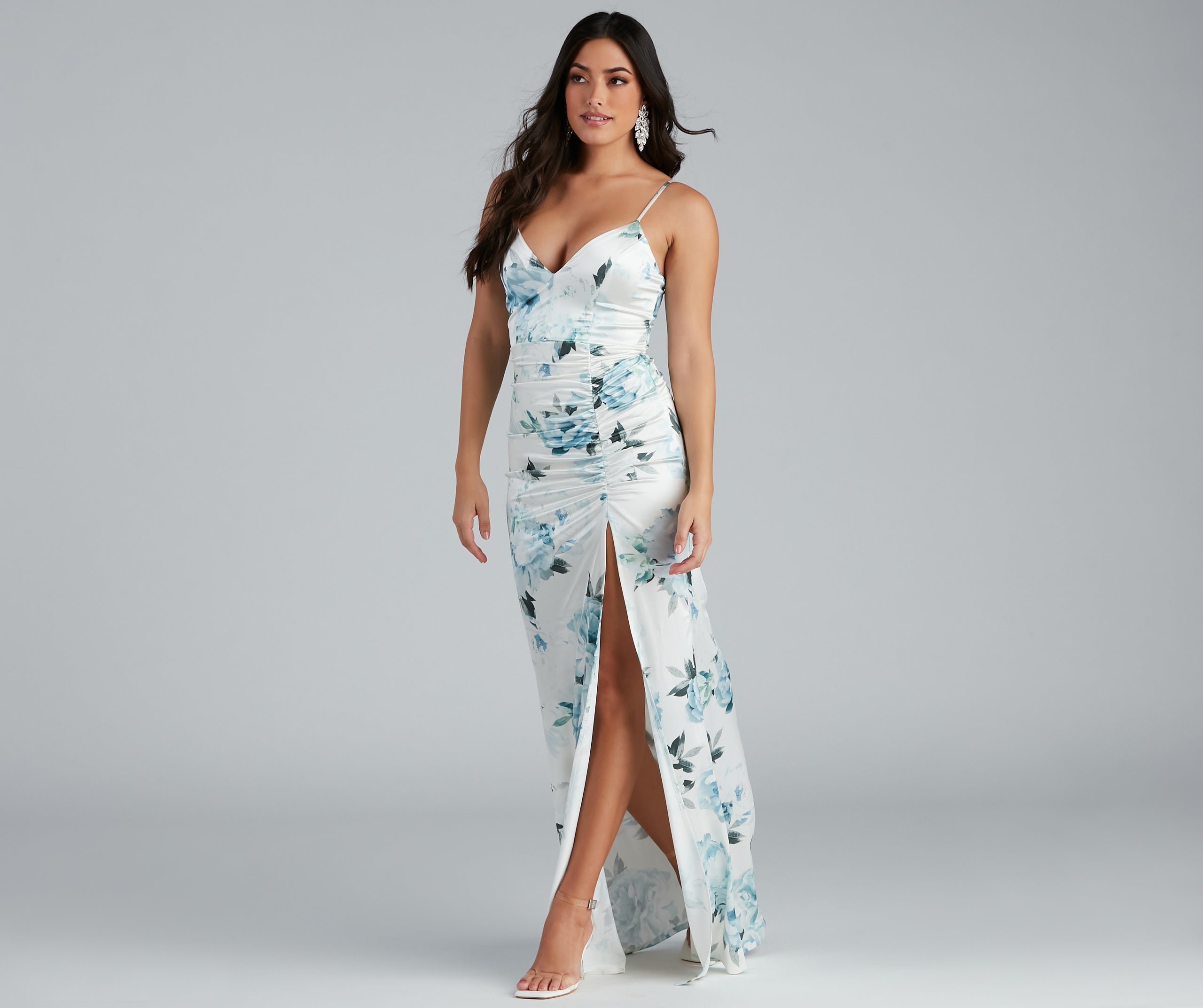 Taylor Satin Floral High-Slit Dress