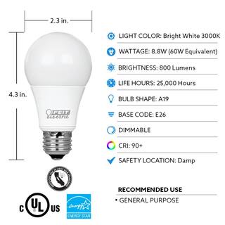 Feit Electric 60-Watt Equivalent A19 Dimmable CEC Title 20 Compliant ENERGY STAR 90+ CRI LED Light Bulb 3000K Bright White (24-Pack) OM60DM930CA46