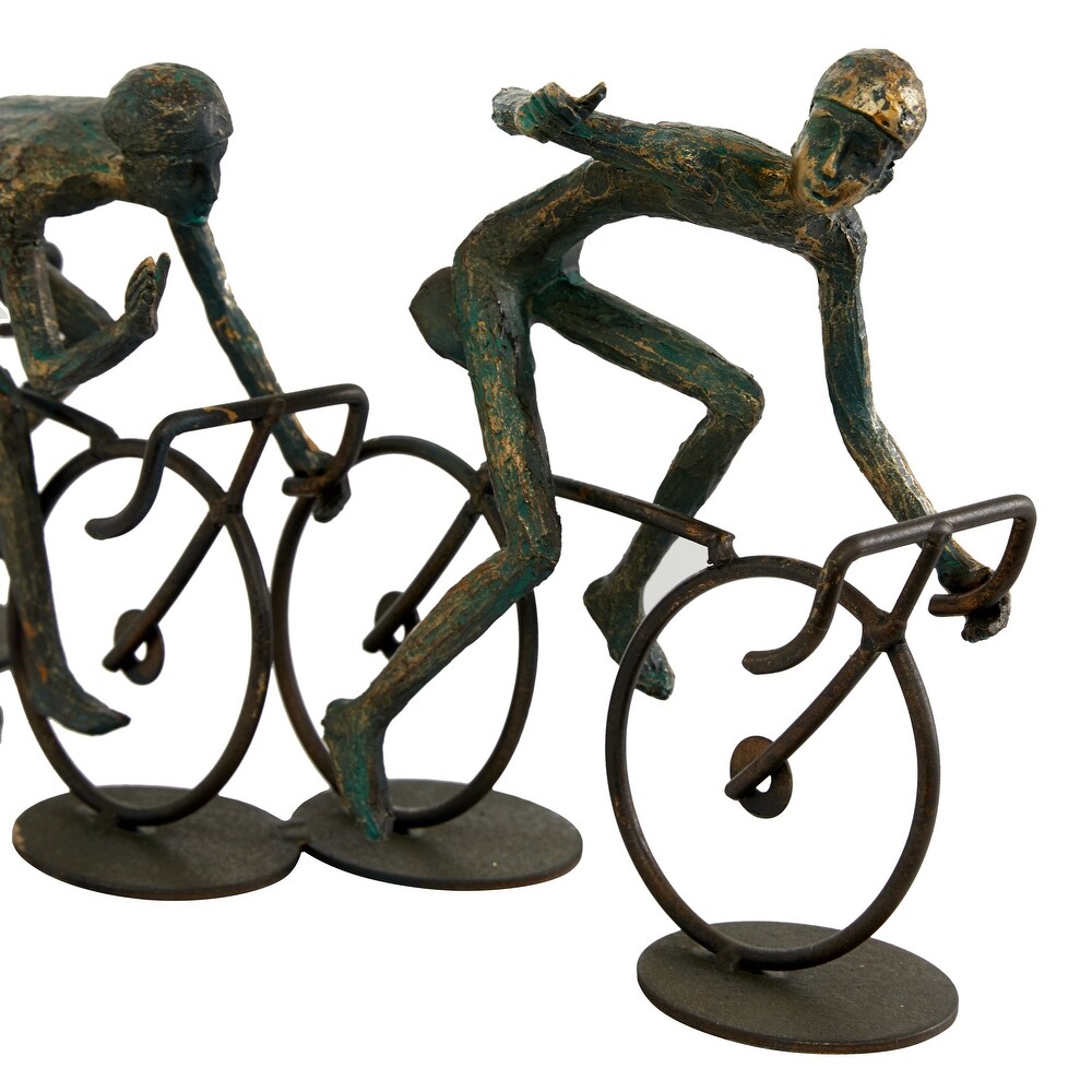 Bronze Polystone People Sculpture with Bike   20 x 5 x 8