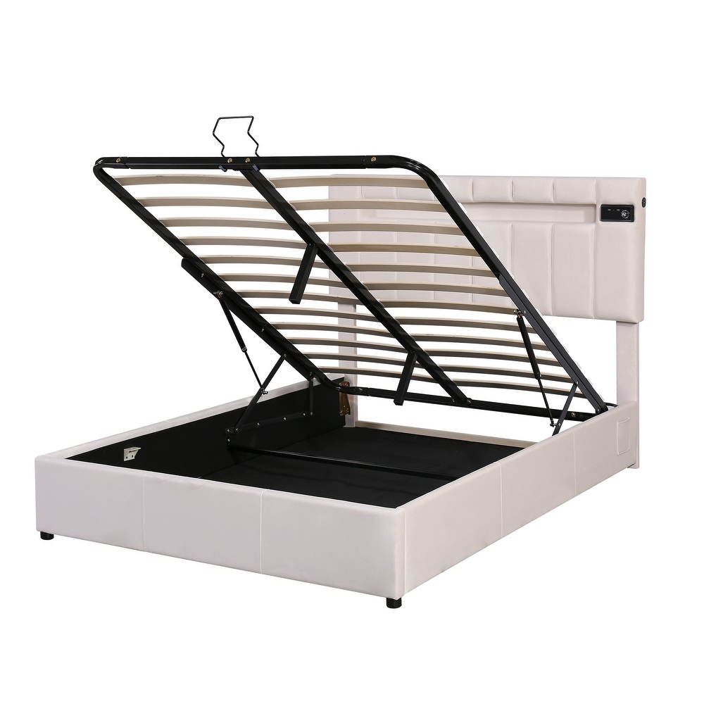 Upholstered Hydraulic Storage Platform Bed with LED Light  Bluetooth Player   USB Charging