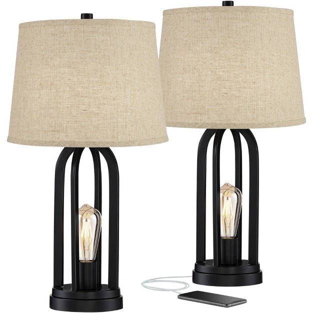 High Set Of 2 Black With Usb Port Led Nightlight Burlap Drum Shade For Bedroom Living Room Desk