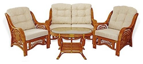 Malibu Set of 2 Rattan Wicker Chairs  Loveseat and Coffee Table  Colonial   Tropical   Living Room Furniture Sets   by RattanUSA  Houzz