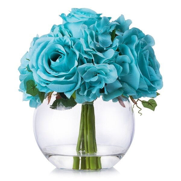 Enova Home Artificial Mixed Silk Roses and Fake Hydrangea Flowers Arrangement in Clear Glass Vase with Faux Water for Home Decor