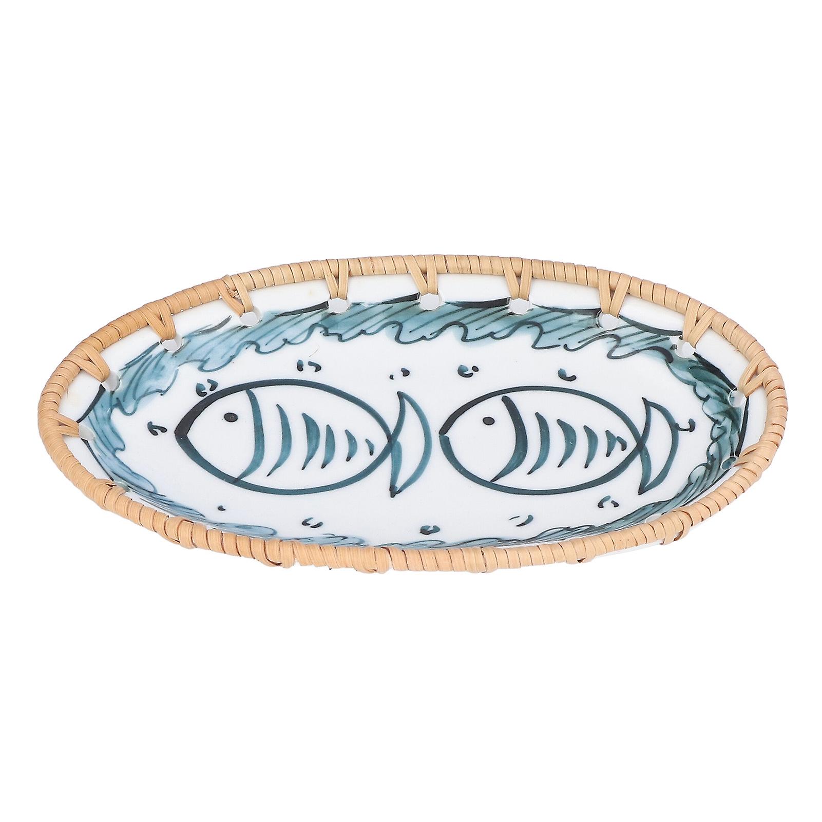 Woven Rattan Ceramic Plate Oval Woven Rattan Porcelain Fruit Plate For Wedding Party Banquet Birthdayink Blue Double Fishes