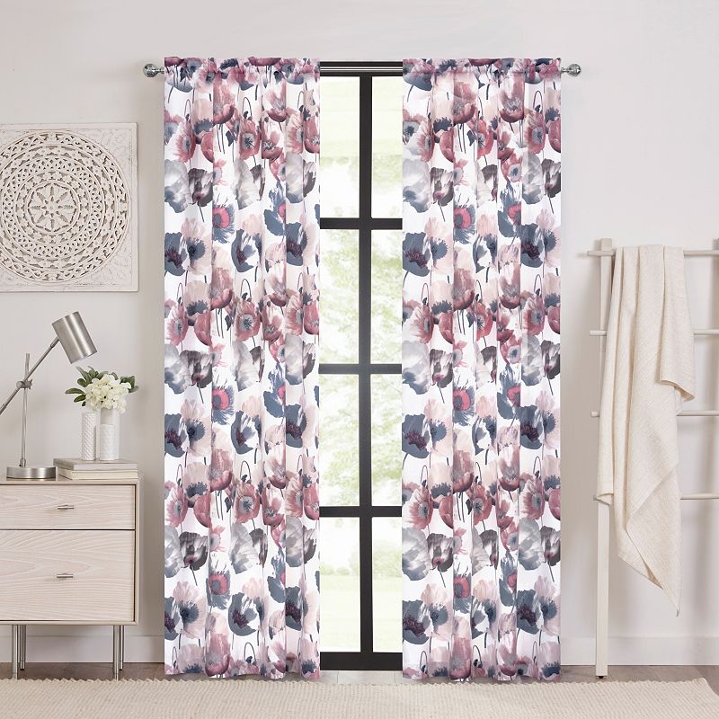 Kate Aurora Chic Living 2 Pack Semi Sheer Poppy Floral Rod Pocket Window Curtains