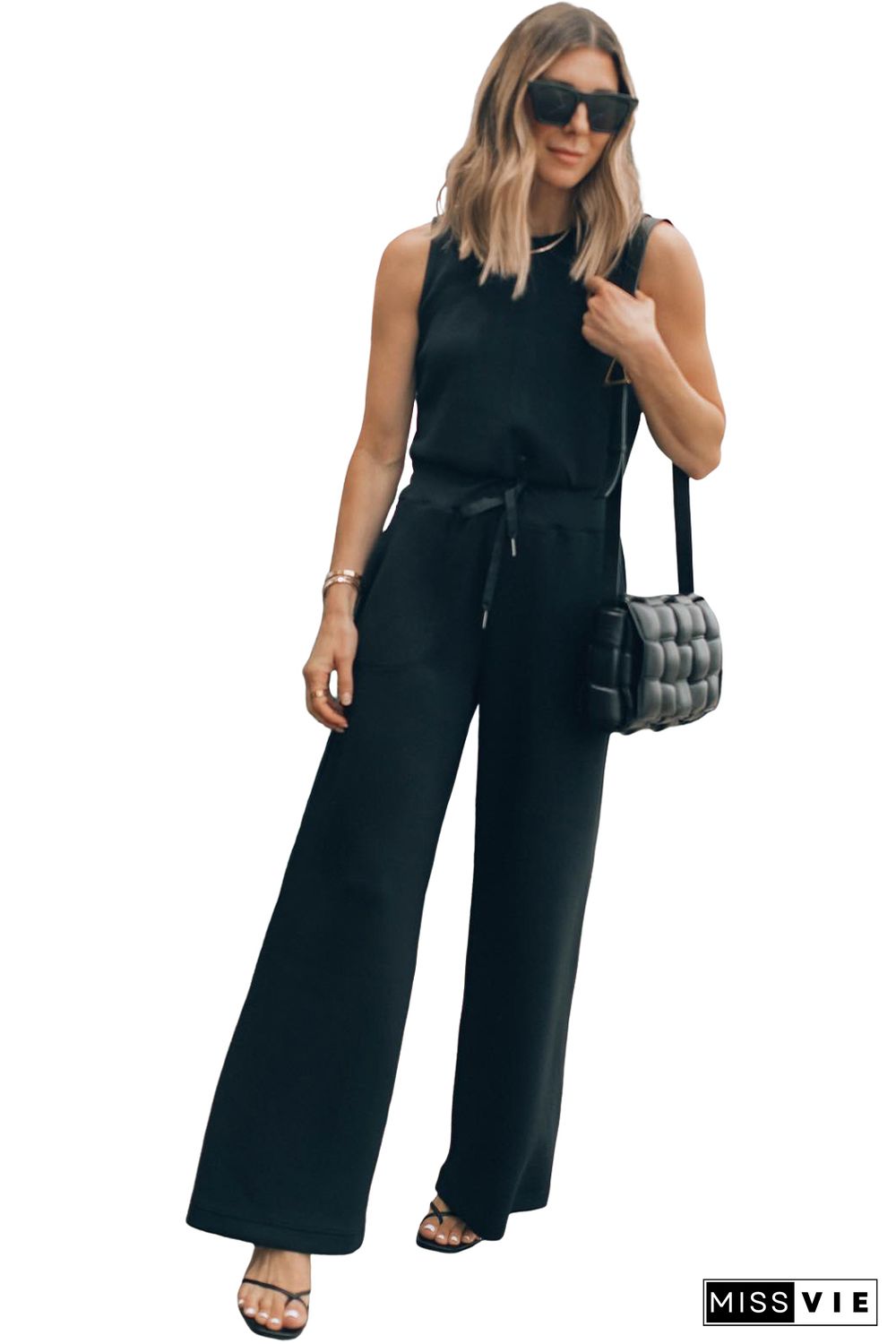 Black Solid Sleeveless Wide Leg Jumpsuit