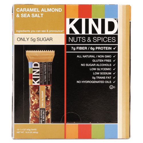 KIND Nuts and Spices Bar， Caramel Almond and Sea Salt， 1.4 oz Bar， 12/Box (18533)