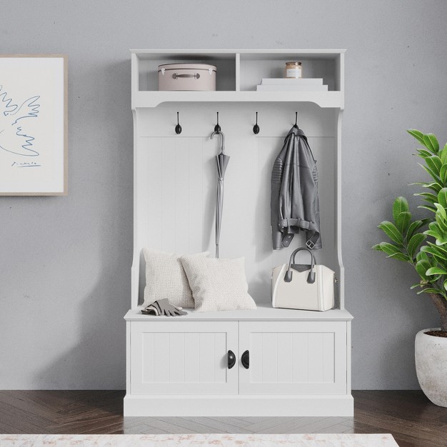 Emma And Oliver Hallway Tree With Storage Bench Coat Hooks And Upper Storage Compartments