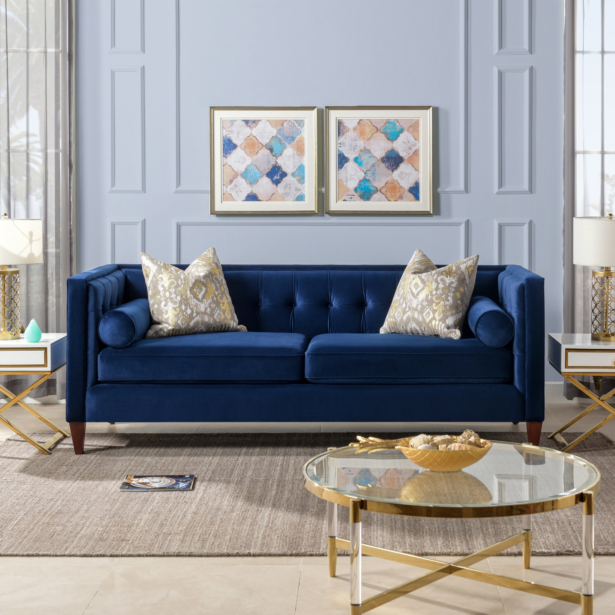 Jack Tufted Tuxedo Sofa Double Cushion, Navy Blue