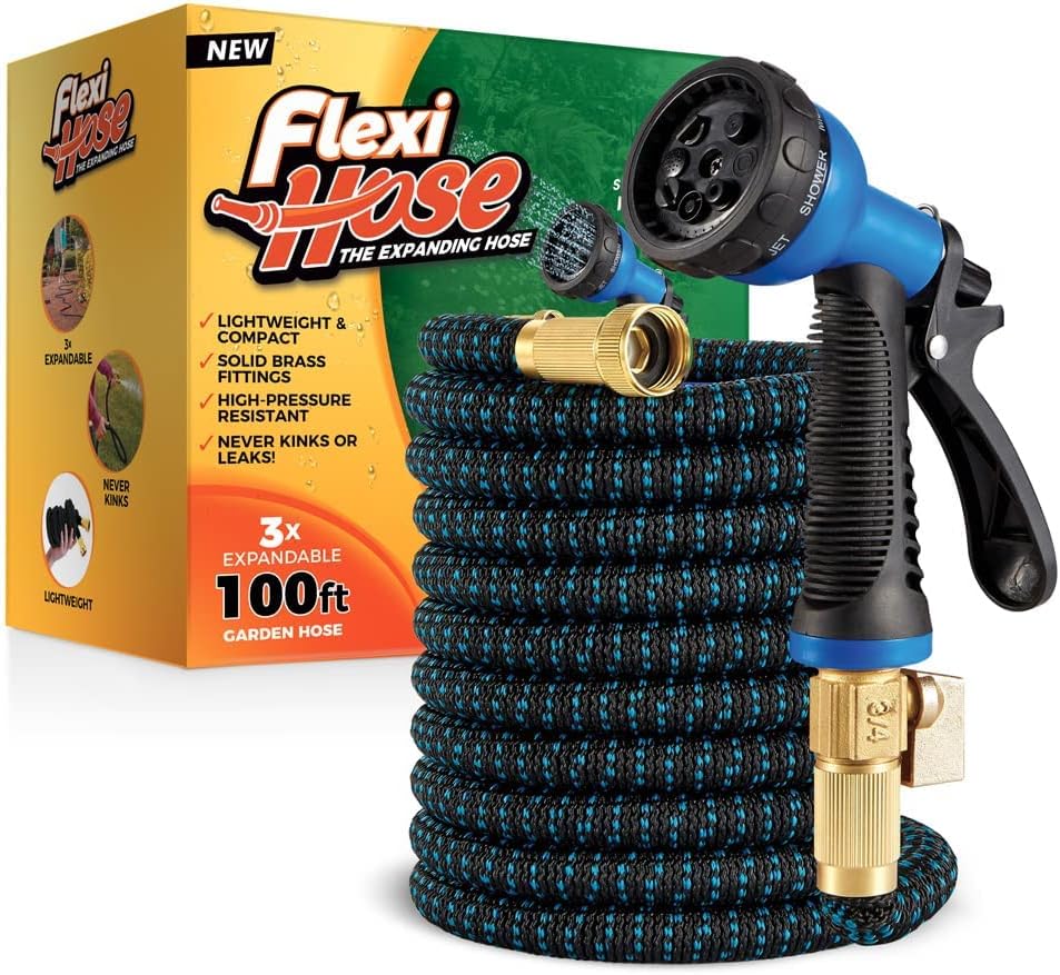 Flexi Hose with 8 Function Nozzle Expandable Garden Hose, Lightweight & No-Kink Flexible Garden Hose, 3/4 inch Solid Brass Fittings and Double Latex Core, 50 ft Blue Black