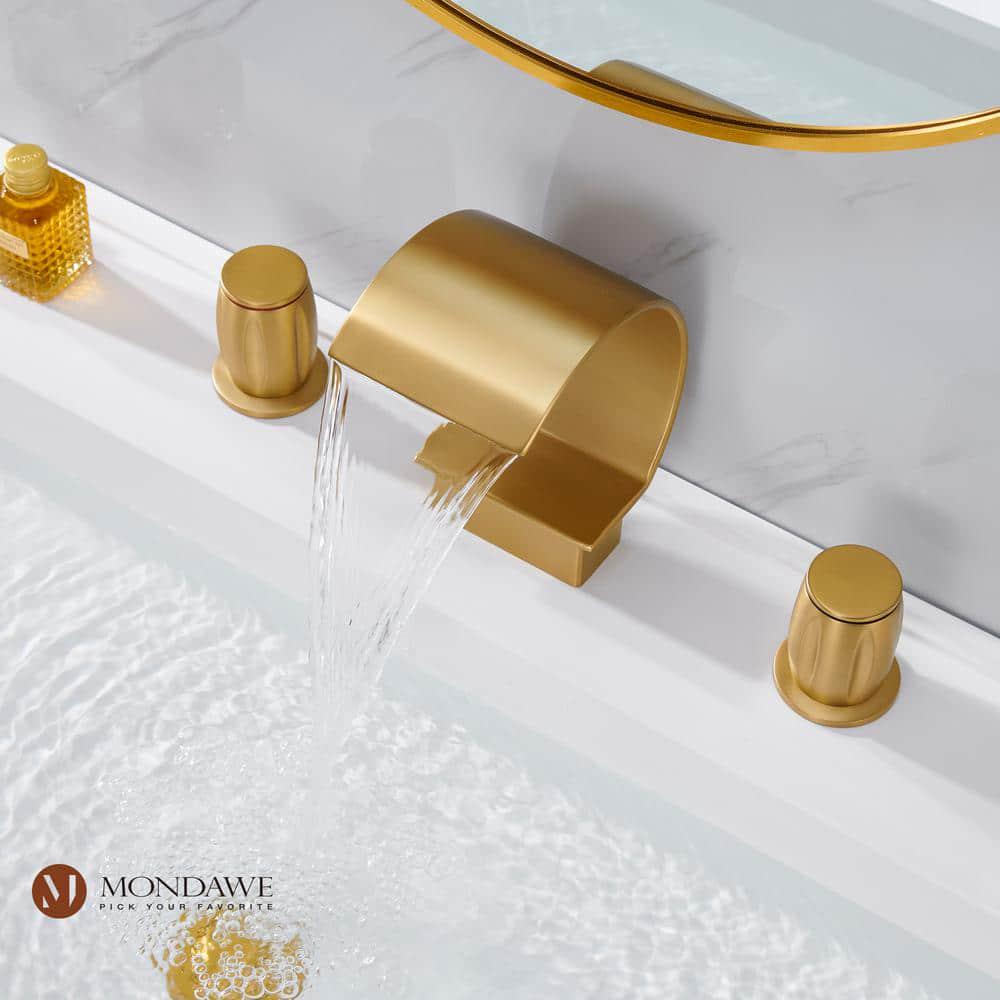 Mondawe Luxury C Arc Waterfall Spout 2Handle 8 in Widespread Bathroom Sink Faucet With Popup Drain in Brushed Gold