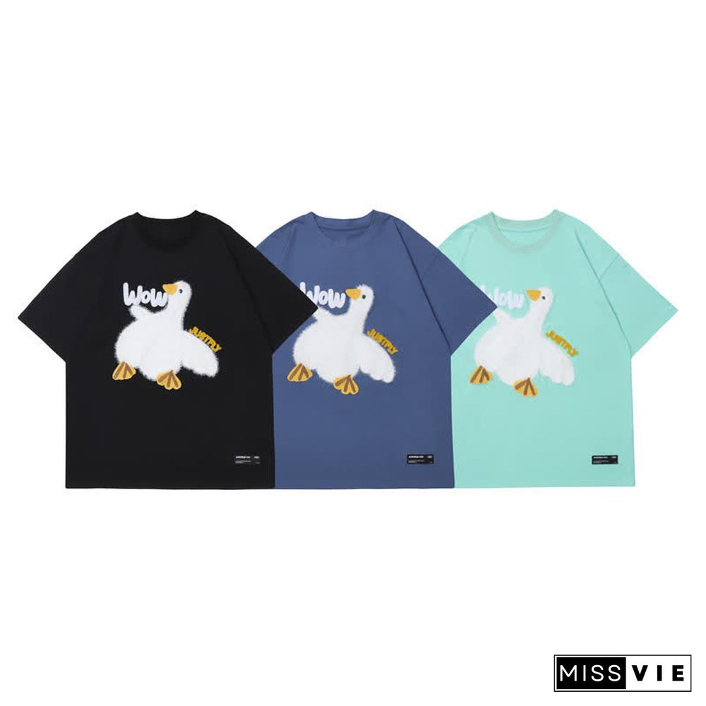 Cartoon Duck Embroidery Round Collar Casual T-Shirt