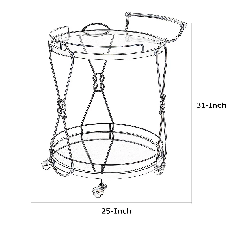 Serving Cart with 2 Glass Shelves and Caster Support， Gold and Clear