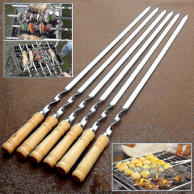 6pcs Stainless Steel Bbq Flat Skewers Outdoors Grill Long Handle Barbecue Stick