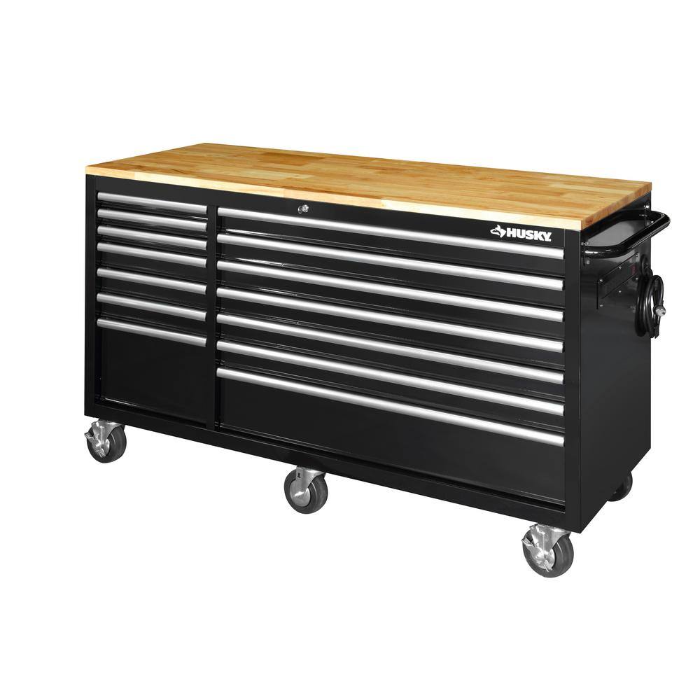 Husky 62 in. W x 24 in. D Standard Duty 14-Drawer Mobile Workbench Cabinet Tool Chest with Solid Wood Top in Gloss Black HOTC6214B12M