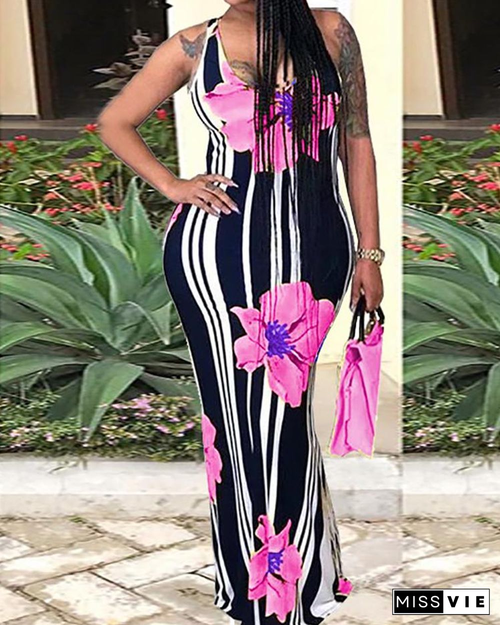 Sexy Floral Print Striped Bodycon Maxi Dress