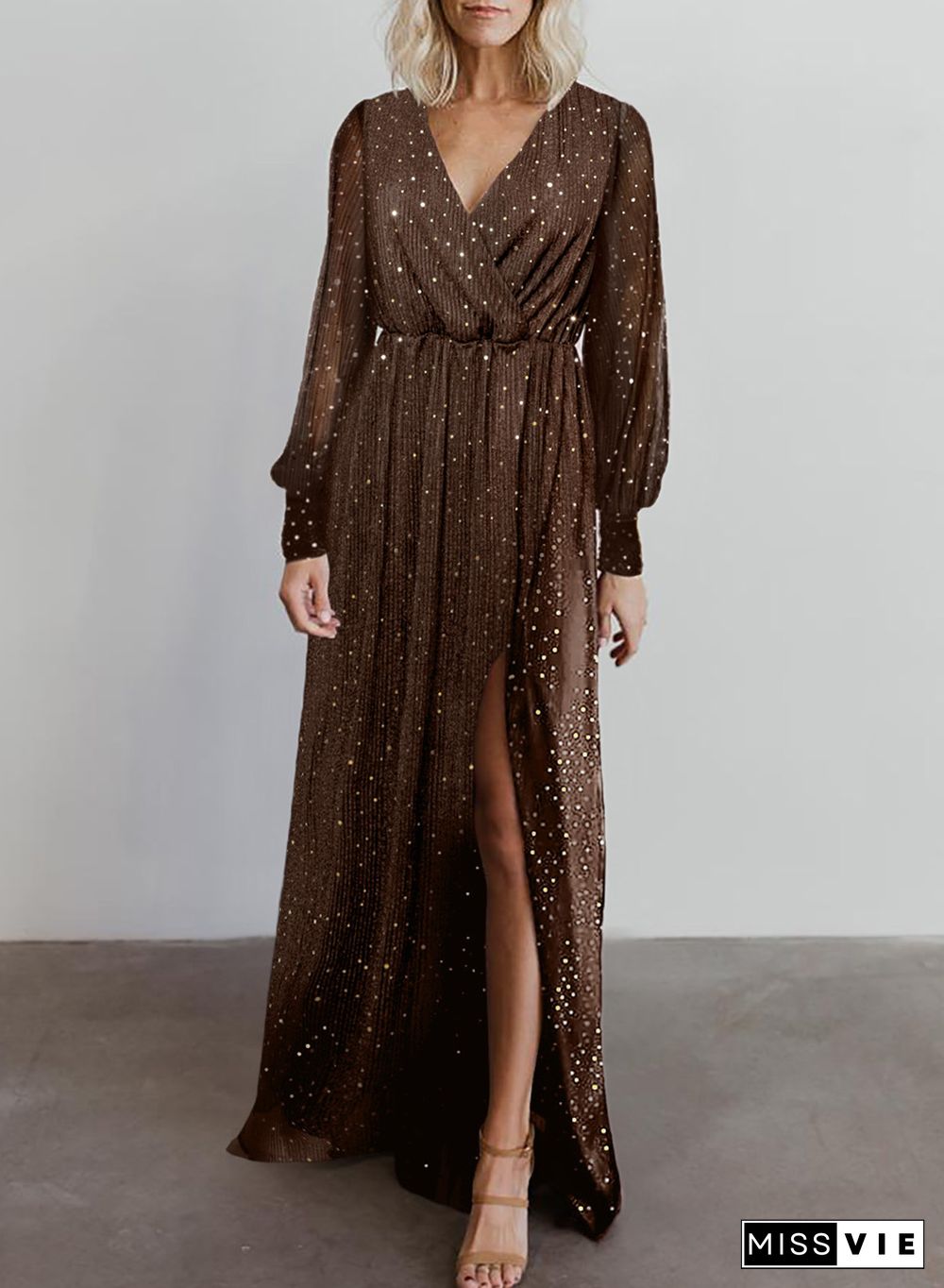 Brown Side Split Rhinestone V Neck Maxi Dress