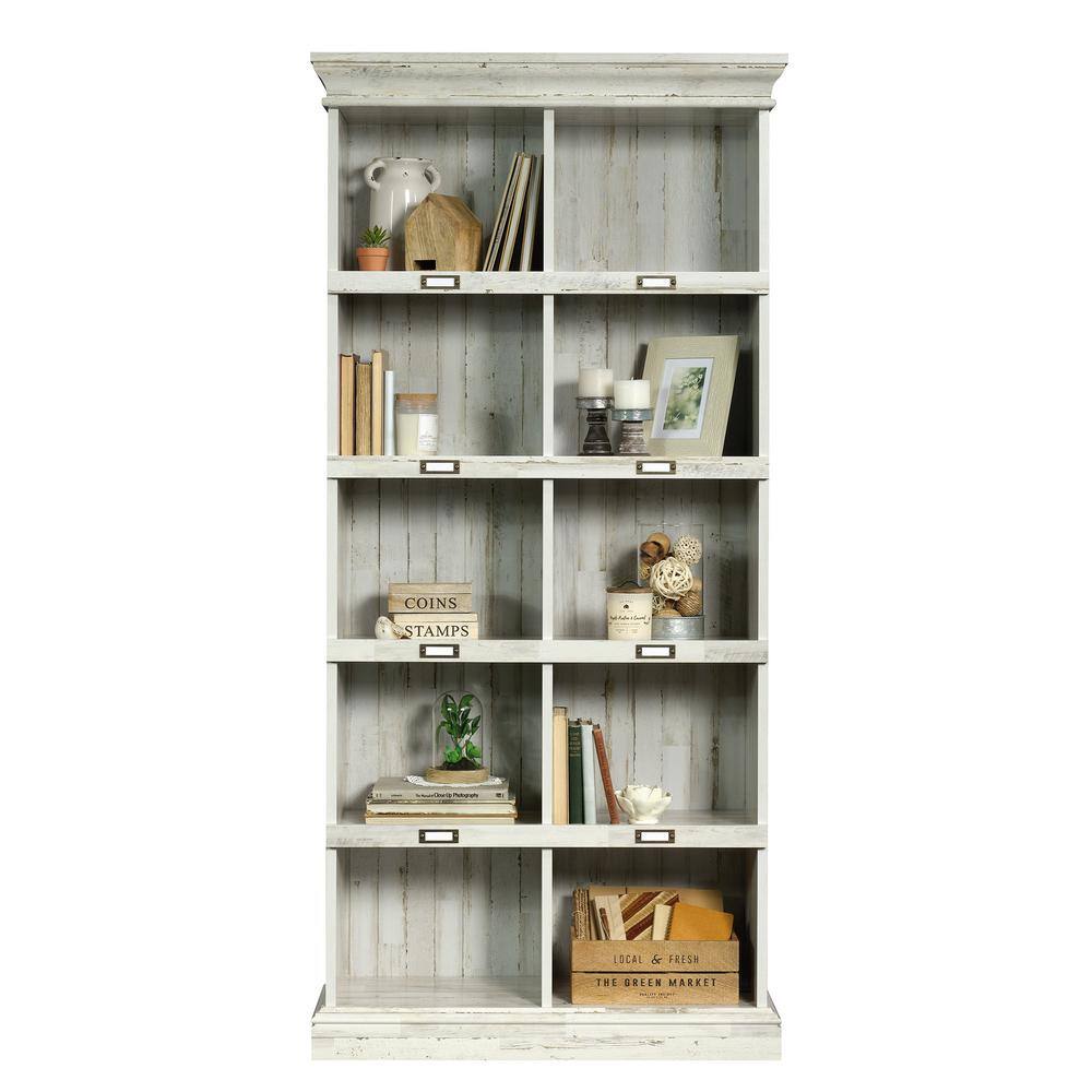 SAUDER 75 in. White Plank Faux Wood 10-shelf Standard Bookcase with Cubes 423671