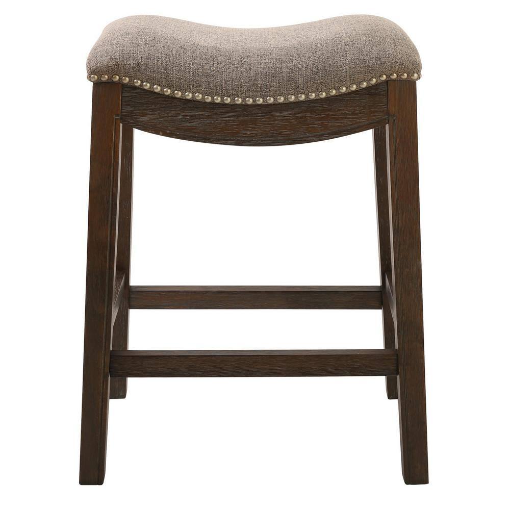 New Ridge Home Goods Saddle Backless Weathered Grey Wood 25.5 in. Counter-Height Bar Stool with Smoked Gray Linen Seat One Stool NH100154-FCS-WG