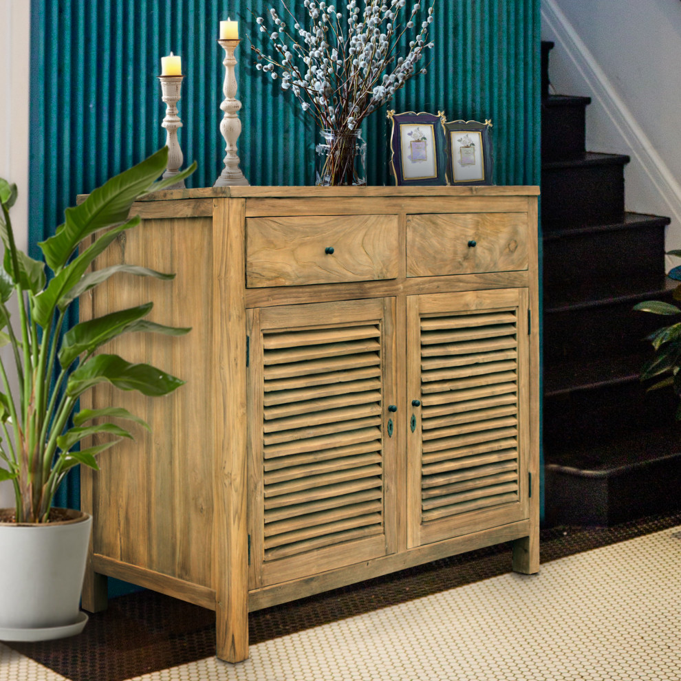 Recycled Teak Wood Louvre Cabinet With 2 Doors and 2 Drawers   Transitional   Accent Chests And Cabinets   by Chic Teak  Houzz