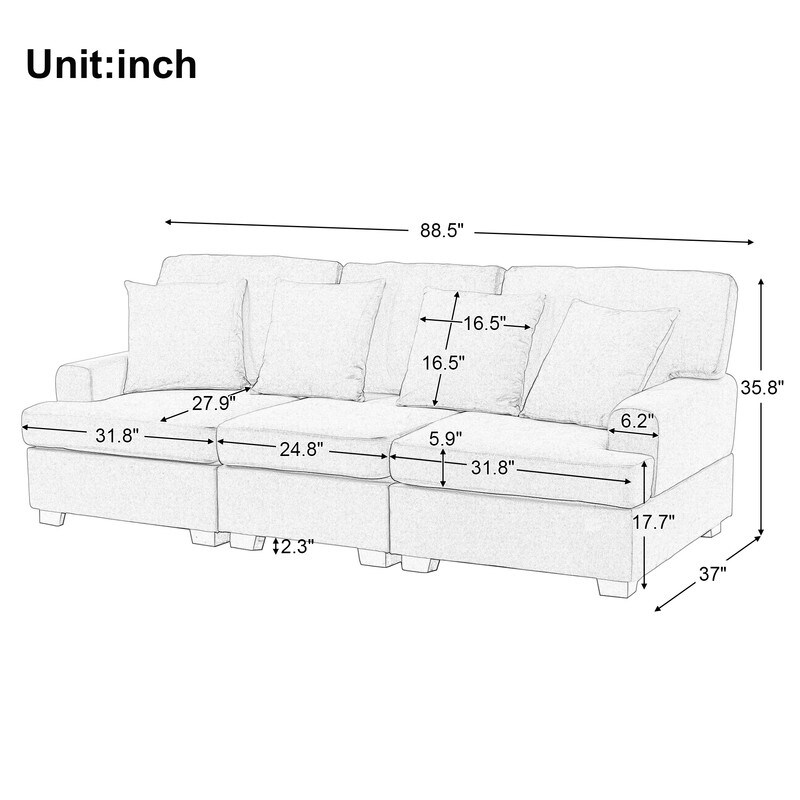 3 Seat Modern Sofa with Removable Back  Seat Cushions and 4 Comfortable Pillows  Upholstered Sofa for Living Room