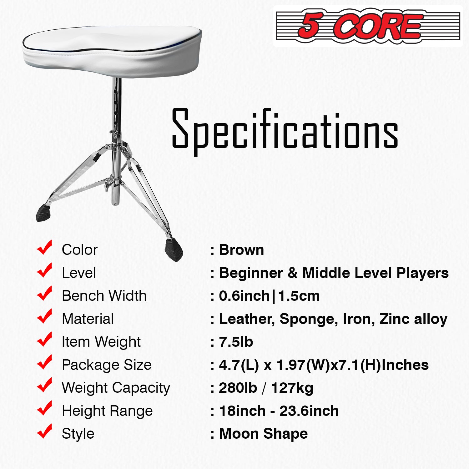 5 Core Drum Throne Saddle White| Height Adjustable Padded Comfortable Drum Seat with Two Drumsticks| Stools Chair Style with Double Braced Anti-Slip Feet, Comfortable Seat for Drummers, Guitar Players- DS CH WH SDL