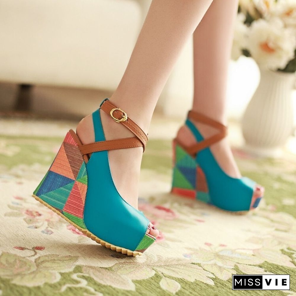 Women's High-heeled Sandals Boho Wedge Mixed Color Peep Toe High Heels Beach Shoes Drees Shoes Ankle Tie Muller Shoes New