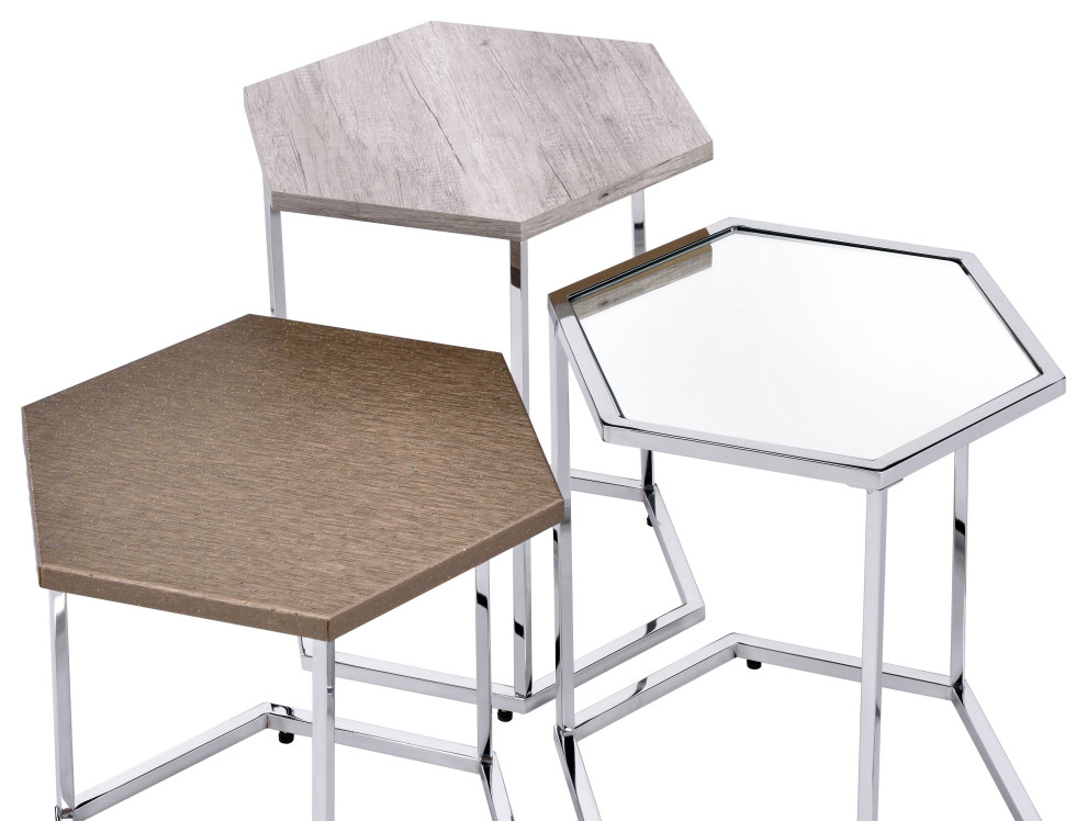 Simno Nesting Tables  Clear Glass  Taupe  Gray Washed and Chrome Finish   Contemporary   Coffee Table Sets   by Acme Furniture  Houzz