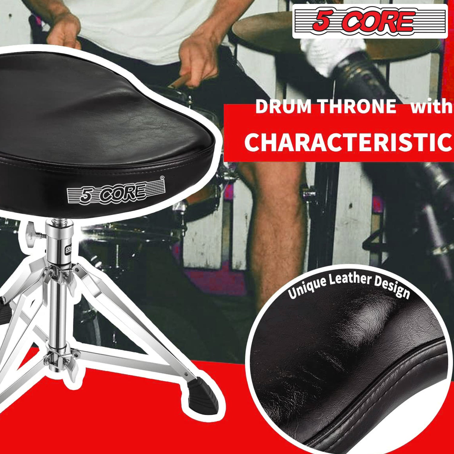 5 Core Drum Throne Saddle Black| Heavy Duty Height Adjustable Padded Comfortable Drum Seat| Stools Chair  Style with Double Braced Anti-Slip Feet and Two Drumsticks for Adults Drummers- DS CH BLK SDL HD