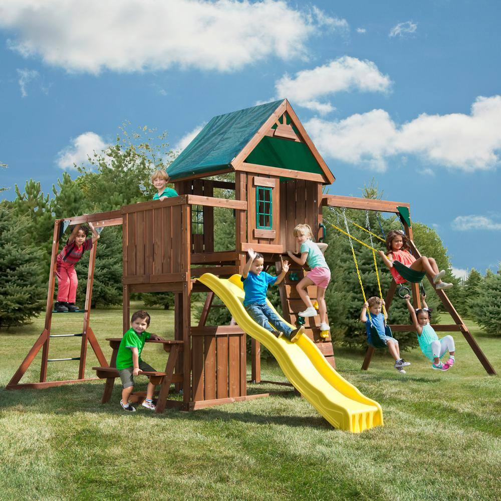 Swing-N-Slide Playsets Chesapeake Deluxe Complete Wooden Outdoor Playset with Slide Rock Wall Swings and Backyard Swing Set Accessories PB 8010